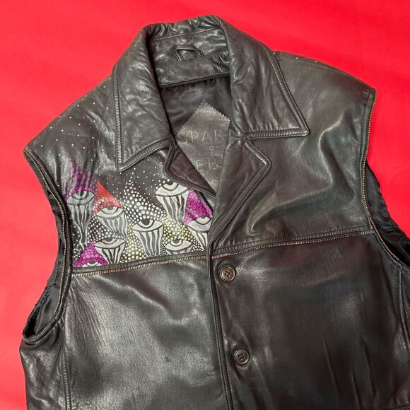 Vintage 90s Upcycled Black Leather Vest – Hand Painted All Seeing Eye Design - Picture 8 of 12
